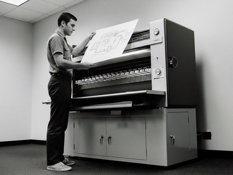 Person operating a large printer in an office setting