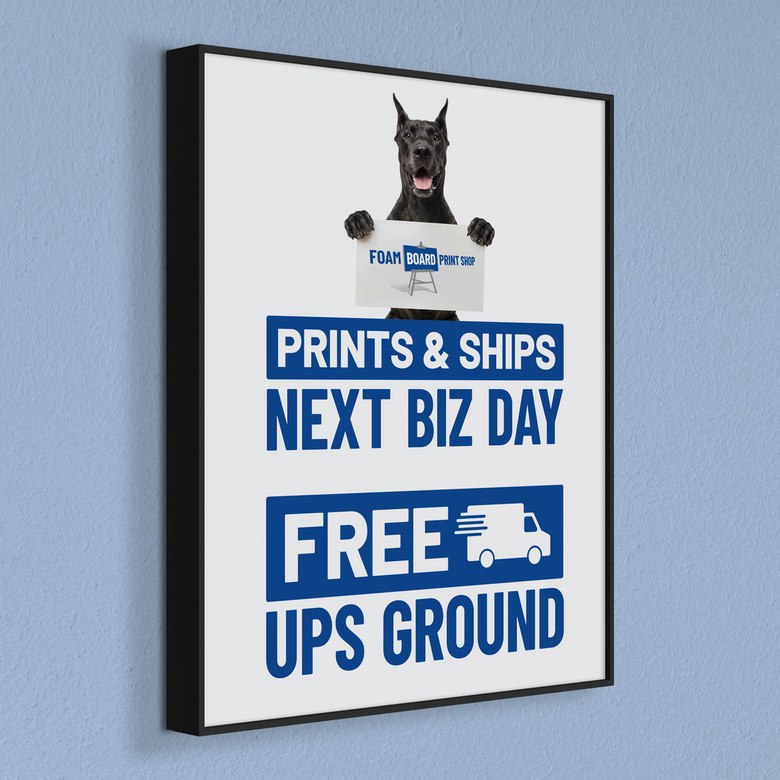 Framed foam board prints available in three colors: black, white, and gray