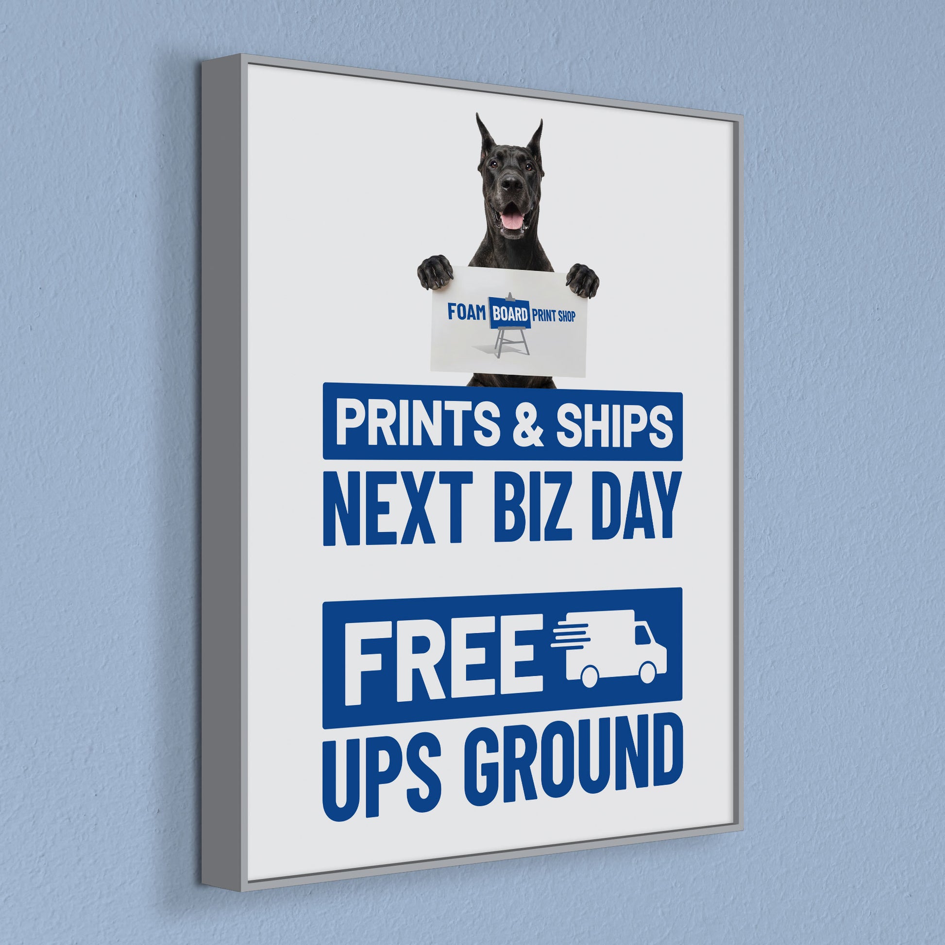 Framed foam board prints available in three colors: black, white, and gray