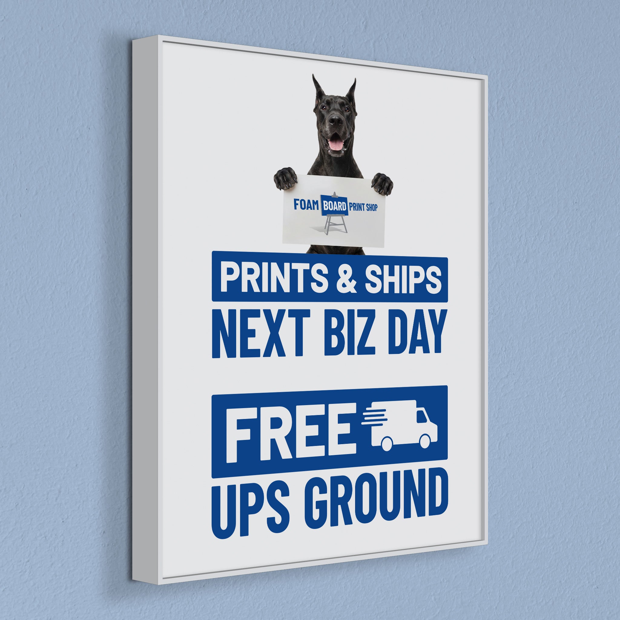 Framed foam board prints available in three colors: black, white, and gray