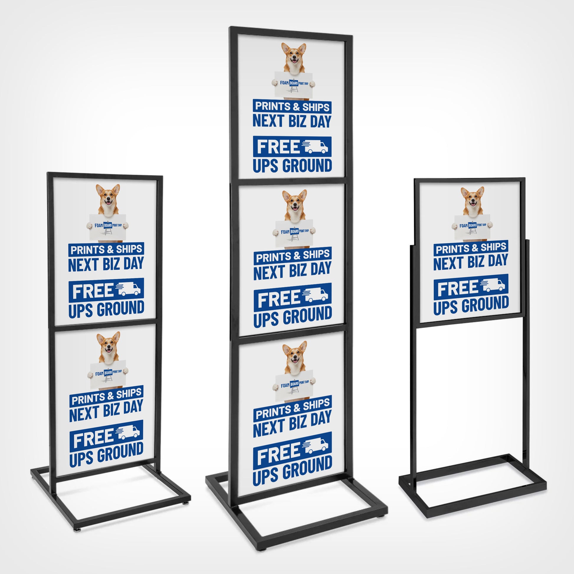 Sign holders are available in three sizes: 14 x 22 inches, 22 x 28 inches, and 24 x 36 inches, and some sizes have 1 to 3 tiers of foam board