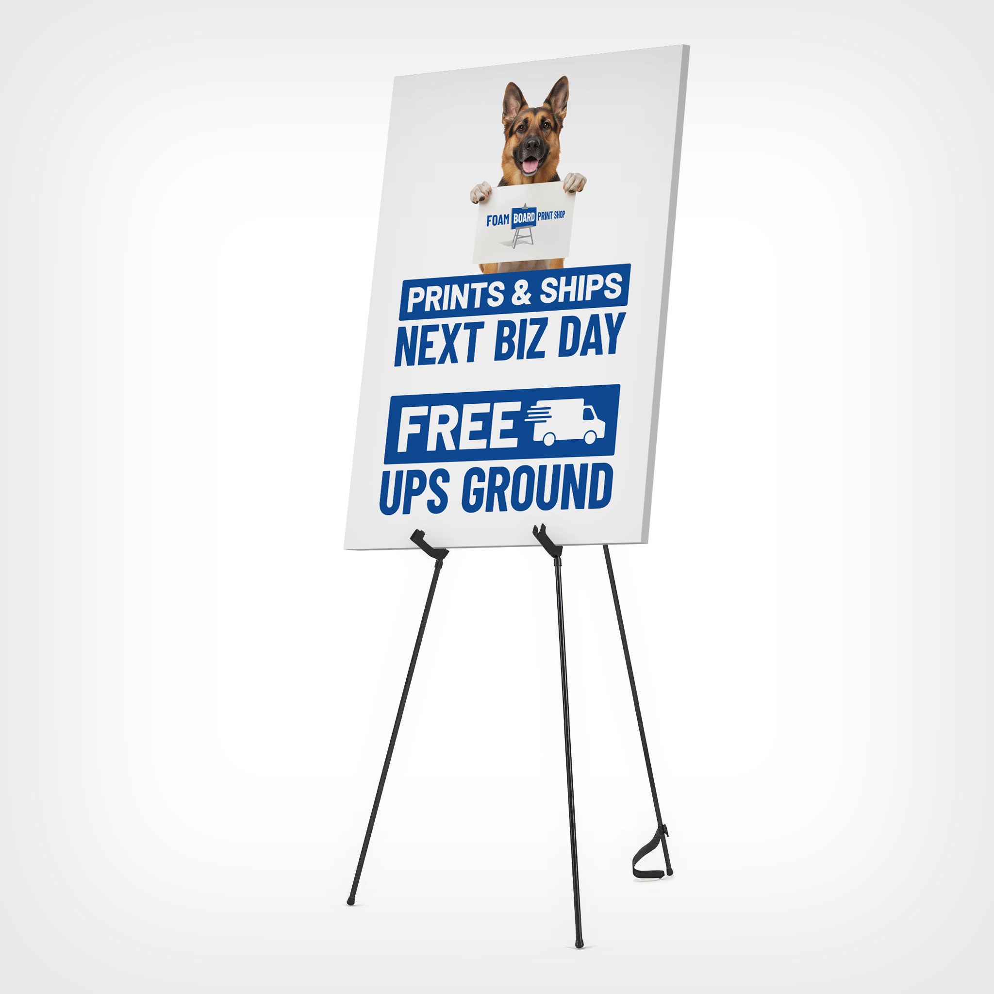 Collapsible black metal easel stand for displaying custom printed foam core boards