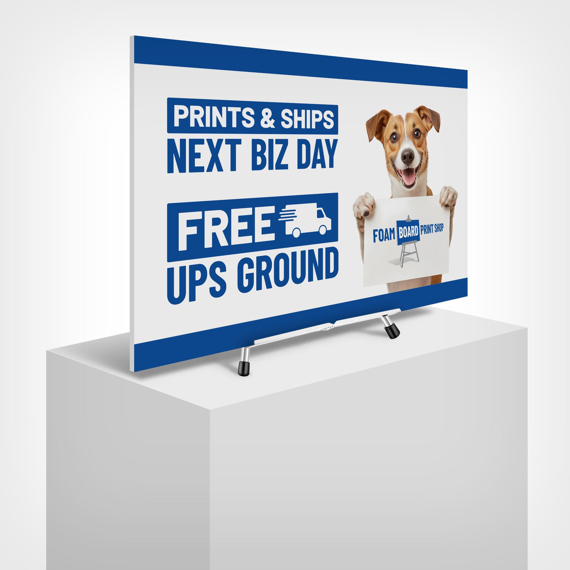 Collapsible silver metal counter easel stand for displaying custom printed foam core boards on countertops