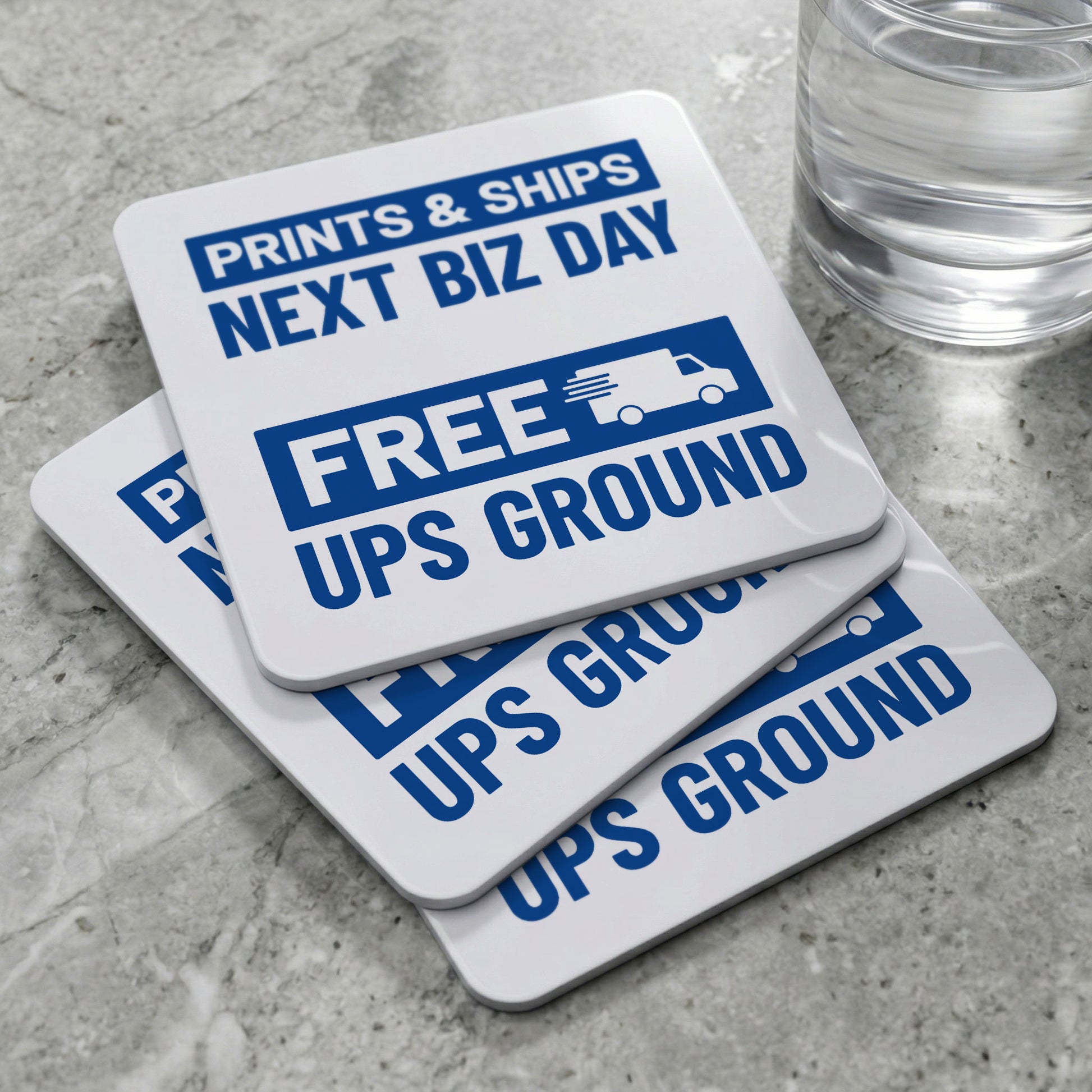 Custom printed waterproof PVC coasters with three corner options and a cork backer to keep stable on any surface
