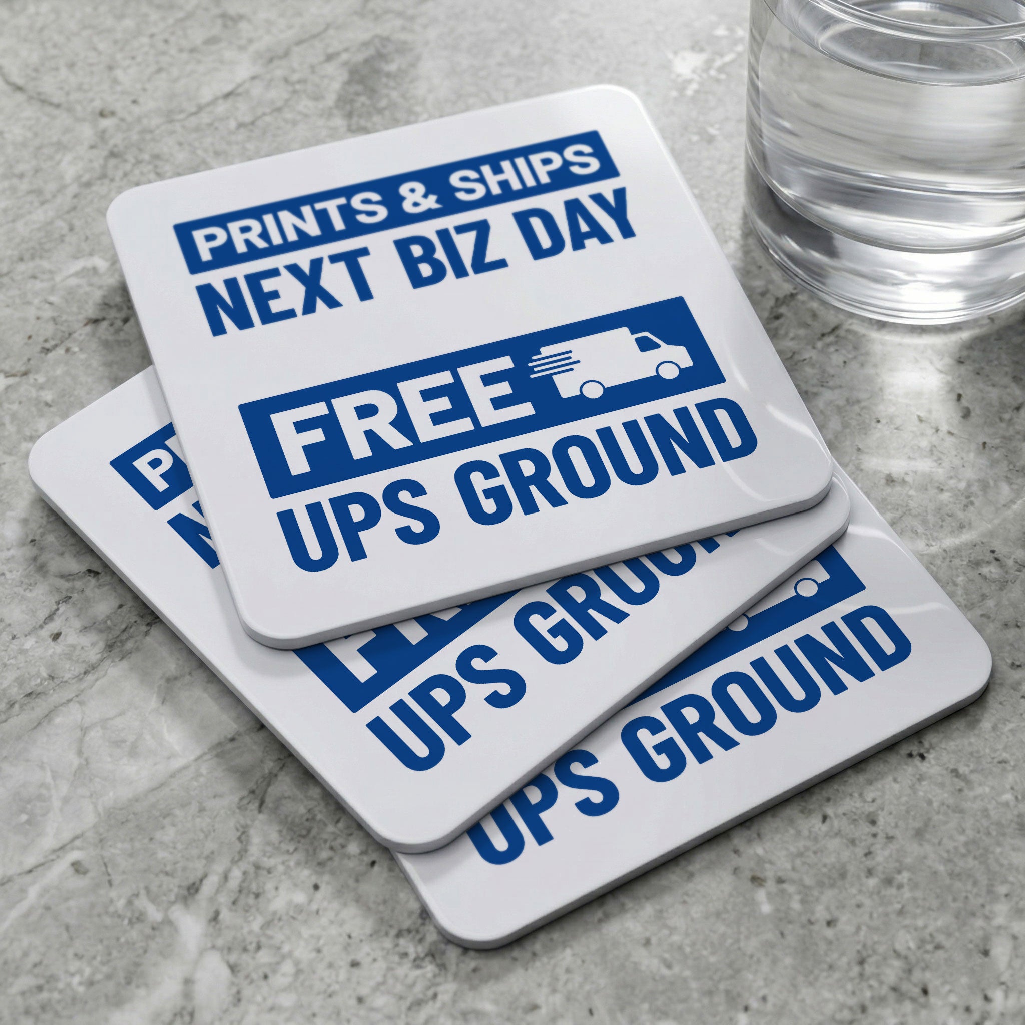 Custom printed waterproof PVC coasters with three corner options and a cork backer to keep stable on any surface